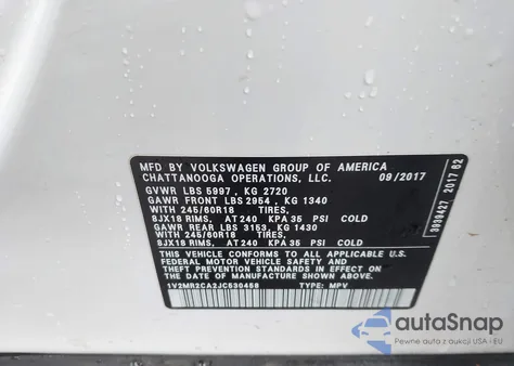 2018 Volkswagen Atlas 3.6L V6 Sel z USA, uszkodzony, nr VIN 1V2MR2CA2JC530458
